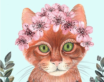 Kitten Art Print, Floral Cat Painting, Nursery Wall Decor