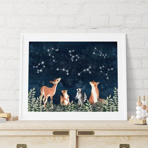 Impresión de animales del bosque, arte de pared para guardería, animales del bosque, decoración de habitación de bebé, ilustración de zorro, pintura de ciervo, obra de arte de ardilla, póster de mapache