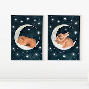 Kaninchen und Bär Druck, 2-teilige Wandkunst, Waldtiere Kunst, Kaninchen Illustration, Waldtier Poster, Babyzimmer Dekor, Kinderzimmer Wanddeko