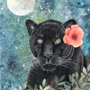 Pantera nera sotto il cielo stellato per la cameretta dei bambini, stampa artistica di animali notturni per la sala giochi, animali della giungla per la cameretta dei bambini, illustrazione di pantera