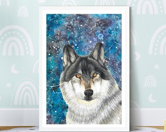 Wolf Art Print, Starry Sky Painting, Forest Animals Poster, Home Decor