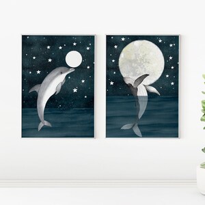 Stampa di balena e delfino, stampa murale di balena, illustrazione di delfino, set di 2 stampe, animali marini, opera d'arte di animali marini, decorazioni per camerette, arte per la cameretta dei bambini