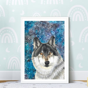 Nachtaktives Tier Bild für Spielzimmer, Kinder Wolf mit sternenklarem Himmel Kunstdruck, Kinder magische Tiere, Waldtiere Dekor, Geschenk für Wolf Freunde