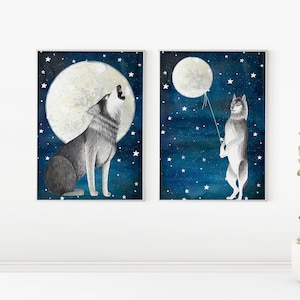 Nachtwolf Druck, Wölfe Wandbild, zweiteiliger Druck, Wald Malerei, Wald Illustration, Kinderzimmer Dekor, Baby Poster, 2-teilige Wandkunst