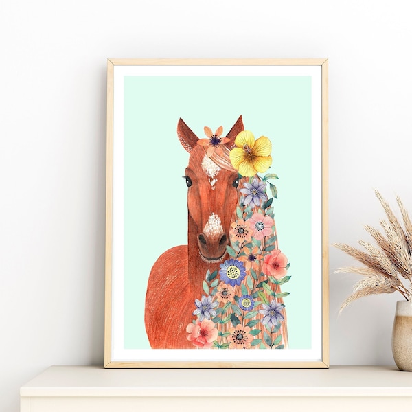 Horse flower crown for nursery wall art, Horse portrait for baby room, Whimsical animal art for kids, Cute animal poster, Horse lover gift