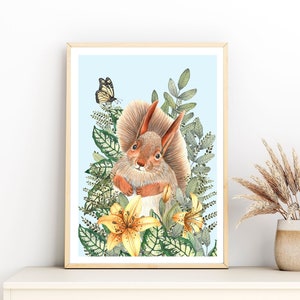 Ilustración de bosque para la decoración de la habitación del bebé, póster de ardillas para niños, habitación infantil de animales del bosque, habitación infantil de género neutro, habitación infantil de bosque