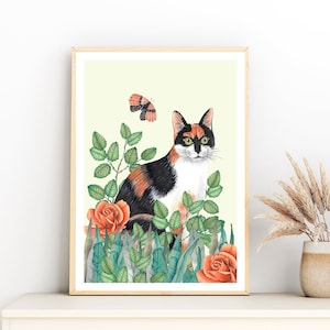 Gilf floral prints nursery, Calico cat for nursery accent wall, Cat nursery print, Baby animal illustration, Kitten art for kids, Cat poster