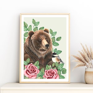 Arte de la pared del vivero de osos, Ilustración del bosque para la decoración de la habitación del bebé, Cartel del bosque, Decoración de la niña del bosque, Cartel de animales lindos, Bellas artes para niños