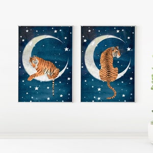 Tiger Druck, Nachttiger Druck, Set von zwei Drucken, Mond Kunstwerk, Dschungeltier Poster, Sternenhimmel Malerei, Kinderzimmer Wanddeko