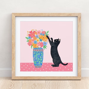 Stampa di gatti da parete, dipinto di un gatto nero, regali a tema gatto, decorazioni per la cameretta delle bambine, illustrazione di un gattino, poster di gatti, opere d'arte di animali, decorazioni per la casa rosa