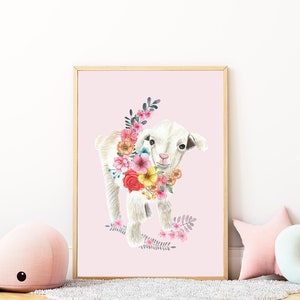 Lamb wall art baby room decor, Whimsical animal art nursery decor girl, Sheep print nursery decor, Blush pink wall art nursery, Sheep poster image 1