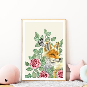 Decorazione per cameretta a forma di volpe, decorazione murale con animali della foresta, stampa artistica di una piccola volpe rossa, decorazione floreale per cameretta, animali del bosco, illustrazione di volpe