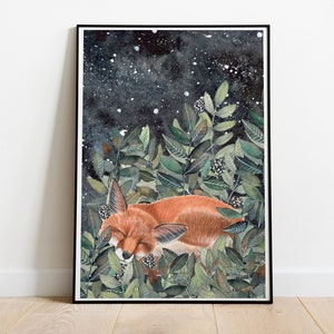Baby fox print for playroom decor, Night sky art for kids, Sleeping fox nursery art, Magical forest art, Nursery wall art, Woodland animals