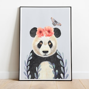 Stampa di panda per parete decorativa della cameretta del bambino, illustrazioni di cuccioli, stampa di panda cucciolo, decorazioni per cameretta del bambino con tema bosco, regalo di panda per la cameretta del bambino