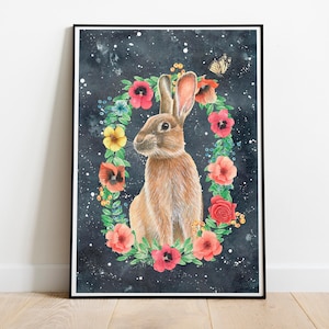 Stampa di un coniglietto per decorare la sala giochi, stampa murale "Notte nel bosco" per bambini, stampa di un bosco magico, stampa di un animale notturno della foresta, stampa murale per la cameretta dei bambini