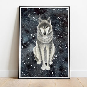 Nacht Wolf Kunstdruck, Wolf Illustration, Sternenhimmel Gemälde, Wölfe Poster, Nachtaktive Tiere, Waldtiere Kunstwerk, Woodland Wandkunst