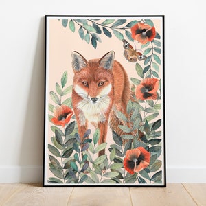 Decorazioni per cameretta con volpe, stampa naturalistica della foresta per la cameretta del neonato, animali della foresta per cameretta, cameretta con volpe rossa, poster di cuccioli, animali del bosco