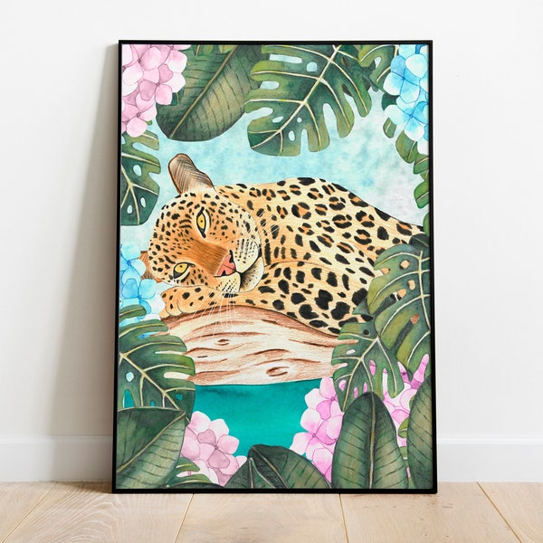 Leopard wall art, Jungle illustration, Rainforest art print, Animals painting, Tropical artwork, Safari animal poster, Living room decor