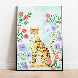 Arte murale con ghepardi, illustrazione della giungla, dipinto di ghepardi, opera d&#39;arte botanica, poster di leopardi, stampa artistica di ghepardi, decorazione murale con animali