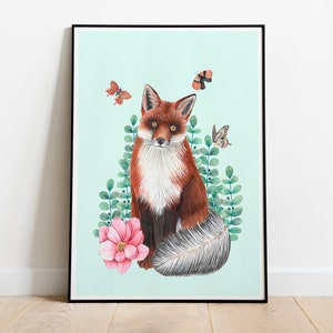 Volpe con fiori per bambini, animali della foresta per decorare la sala giochi, stampe murali raffiguranti la foresta per bambini, stampe artistiche raffiguranti la volpe per bambini, opere d'arte floreali per bambini.