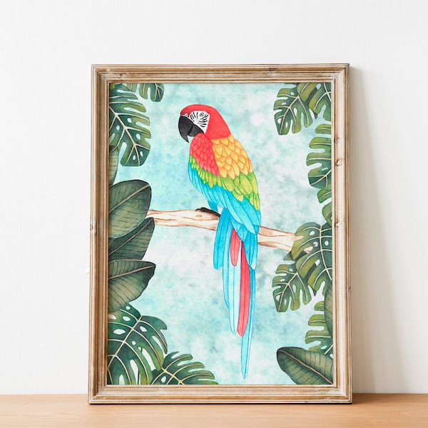 Impression d'art de perroquet rouge, illustration de jungle, art mural d'oiseau exotique, décoration murale tropicale, oeuvre d'art animalière, estampes de forêt tropicale, affiche de perroquets