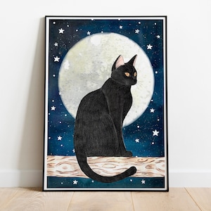 Katze im Mond Kunst, Schwarze Katze Malerei, Kätzchen Wandkunst, Geschenke Katze, Nachtkatze Kunstdruck, Sternenhimmel Kunstwerk, Katzen Poster, Tierkunst