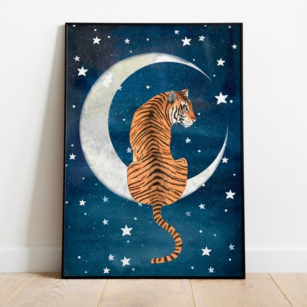 Tiger printable art, Jungle animal print, Starry sky artwork, Tiger digital poster, Night sky painting, Kids wall decor, Downloadable art