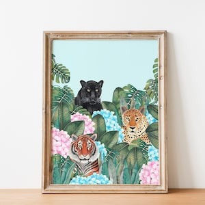 Illustrazione della giungla, stampa murale di tigri, stampa artistica di pantere, opera d'arte di leopardi, pittura di animali, decorazioni tropicali, animali del safari, stampe della foresta pluviale