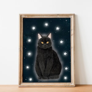 Stampa artistica di gatto nero, stampa murale di gatto e stelle, dipinto del cielo notturno, regali a tema gatto, poster di gatti, opera d'arte celeste, illustrazione di animali