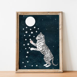 Tiger Wandkunst, Dschungel Illustration, Kunstdruck Tiere, Safari Kunstwerk, Regenwald Malerei, Poster raue Katzen, Nachthimmel Dekor, weißer Tiger