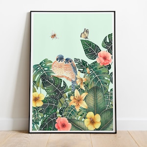 Birds and plants illustration, Tropical bird prints, Jungle painting, Flower wall art living room, Botanical artwork, Urban jungle art print