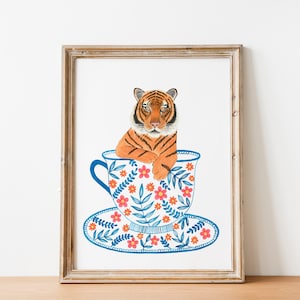 Stampa artistica di tigre, decorazione da parete per cucina, illustrazione della giungla, dipinto di animali, opera d'arte su tazza, animali del safari, decorazione per cameretta dei bambini, poster di tigri