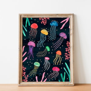 Meduse da parete, stampe di vita marina, dipinti di animali marini, opere d'arte costiere, decorazioni per la casa con tema spiaggia, poster per il bagno, stampe per la cameretta dei bambini, stampe con tema oceano