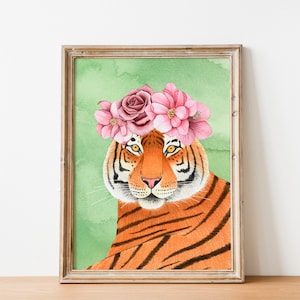 Stampa floreale di tigre, stampa murale della giungla, stampa artistica di animali, dipinto di fiori, animali del safari, decorazione murale per neonati, decorazione della cameretta dei bambini, opera d'arte raffigurante la fauna selvatica