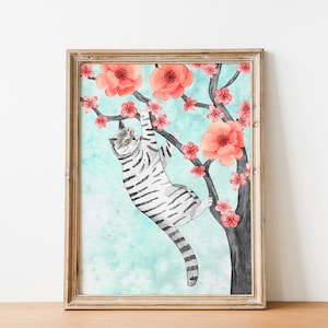 Arte mural de gato atigrado, impresión artística de gato gris, regalos con temática de gatos, ilustración de gatito, pintura de animales, póster de gatos, decoración de habitación infantil, estampados florales