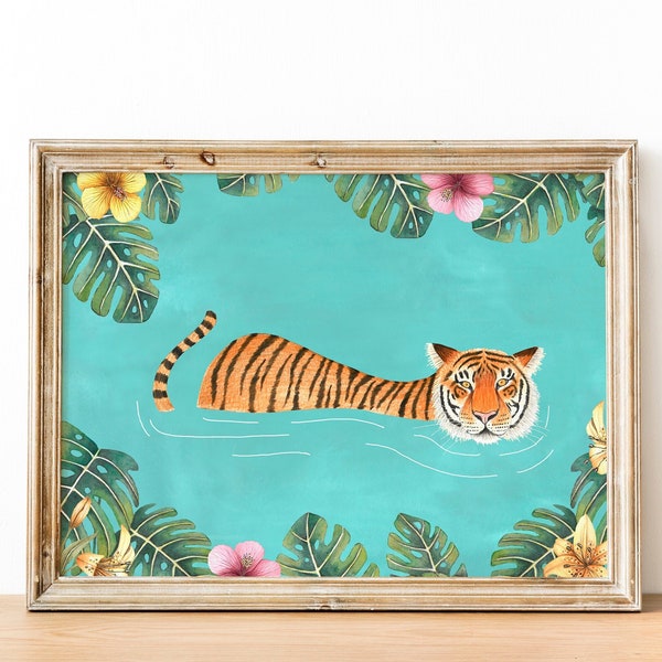 Art mural tigre, Impression d'art animalier, Illustration de la jungle, Tableau tropical, Tigre nageant, Animaux de safari, Impressions de forêt tropicale, Décoration de chambre d'enfant