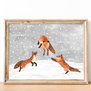 Illustrazione di volpe, stampa murale invernale, stampa di animali, dipinto di foresta, animali del bosco, stampe per bambini, poster di volpi, decorazioni per la cameretta dei bambini