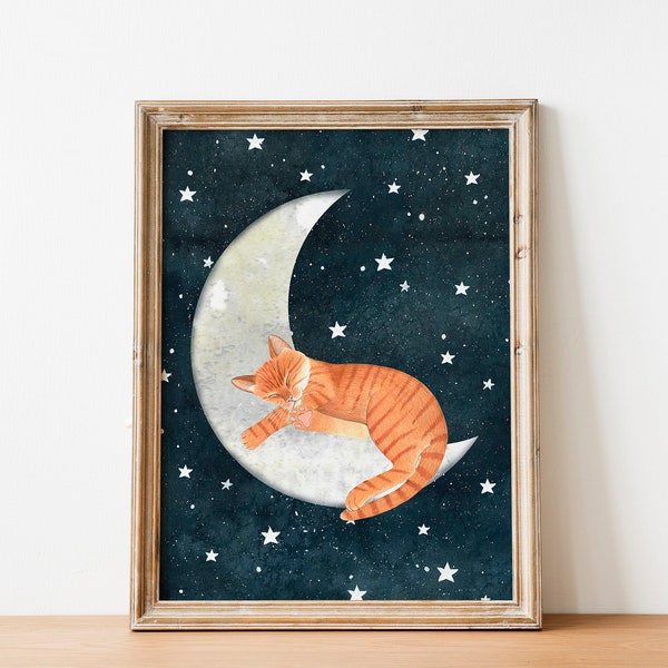 Ginger cat art print, Moon wall art, Animal illustration, Baby wall decor, Nursery prints, Kitten painting, Tabby cat poster, Kids room