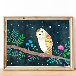 Stampa artistica di barbagianni, opera d'arte di gufi, illustrazione di foresta, stampe di animali del bosco, pittura di animali, poster di gufi, arte murale per bambini, arte del cielo notturno