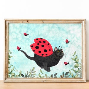 Stampa artistica di gatto nero, stampa murale di gatti divertenti, illustrazione di gattini, stampe per la cameretta dei bambini, decorazioni per la cameretta, opere d'arte con coccinelle, regali per gli amanti dei gatti, arte con animali