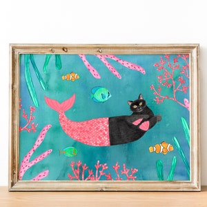 Cat mermaid print, Purrmaid wall art, Kitten illustration, Animal painting, Marine artwork, Sea animals poster, Kids room decor, Nursery art