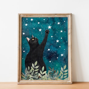 Arte di gatti stravaganti, dipinti di gatti neri, decorazioni per la cameretta dei bambini, arte di animali affascinanti, illustrazioni di gattini, opere d'arte del cielo notturno, regali a tema gatto
