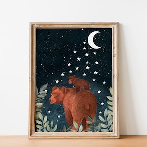 Bear nursery print, Woodland wall art, Animal illustration, Forest animals art, Baby wall decor, Celestial artwork, Night sky painting