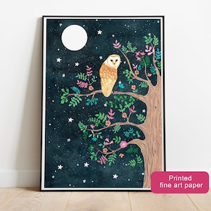 Opere d'arte di barbagianni, illustrazione di gufi, pittura del cielo notturno, decorazioni murali per bambini con animali della foresta, stampa d'arte del cielo notturno, poster del bosco, disegno di gufi
