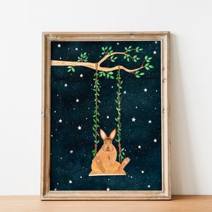 Arte murale a tema coniglietto, stampe per cameretta dei bambini, illustrazioni di animali, stampe artistiche di conigli, animali della foresta, dipinti del bosco, decorazioni murali per bambini, opere d'arte notturne