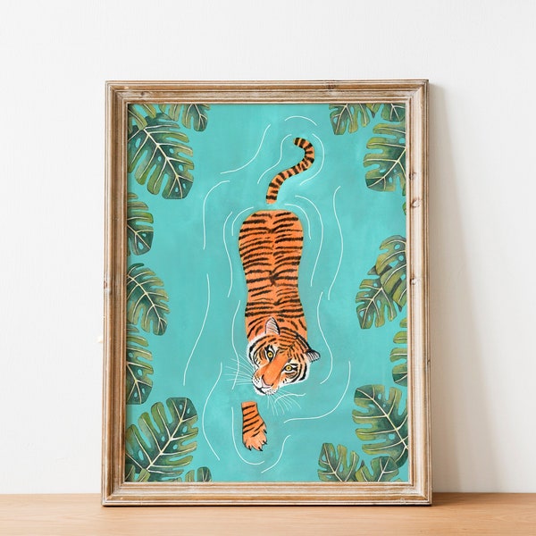 Tiger Kunstdruck, Dschungel Illustration, Tier Wandkunst, Safari Tiere, Tiger Poster, Tropische Wanddekoration, Dschungel Malerei, Tiger schwimmen