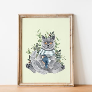 Gray cat artwork, British shorthair, Kitten illustration, Nursery prints, Grey cat painting, Russian blue cat, Animal wall art, Cats poster