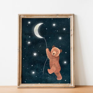 Bär und Mond Poster, Mond und Sterne Druck, Wald Illustration, Waldtiere Bild, Waldtiere, Baby Zimmer Dekor, Kinder Drucke, Mond und Sterne Druck