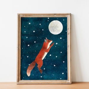 Illustrazione di volpe, Arte murale della foresta, Stampa artistica di animali, Animali del bosco, Opere d'arte celesti, Luna e stelle, Decorazioni murali per bambini, Stampe per camerette