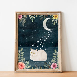 Stampa artistica di gatto bianco, illustrazione di animali, regali a tema gatto, dipinto di gattino, arte murale fantasy, opera d'arte del cielo notturno, stampe di gatti che nuotano